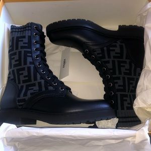 FENDI
Rockoko FF leather-trimmed combat boots